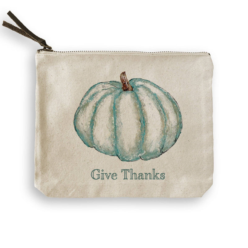 French Graffiti - Blue Pumpkin: Natural Guest Towel features a teal pumpkin and Give Thanks text, ideal as a decorative or functional kitchen accessory.