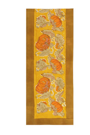 Caravan Home - Pumpkin Orange/Mustard Runner: 16 x 90, features handprinted pumpkins and vines on a golden-yellow linen, ideal for fall table settings.