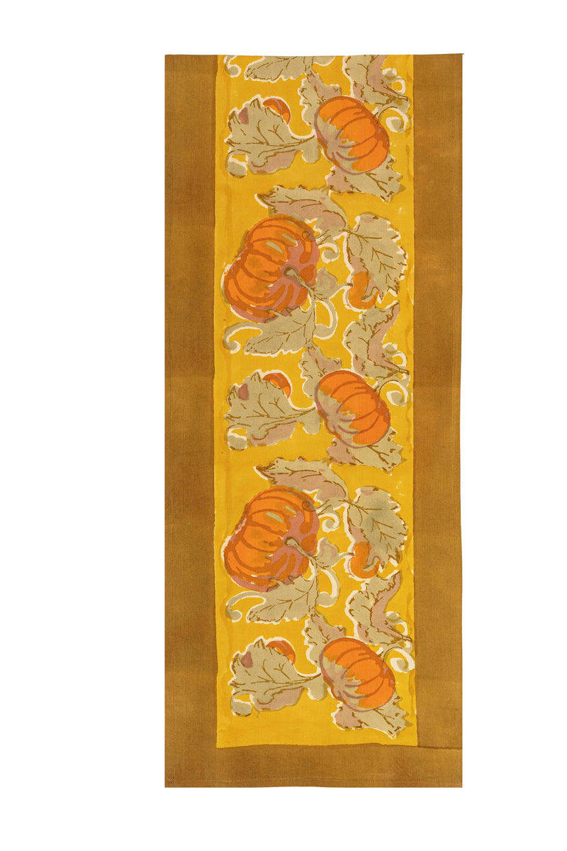 Caravan Home - Pumpkin Orange/Mustard Runner: 16 x 90, features handprinted pumpkins and vines on a golden-yellow linen, ideal for fall table settings.