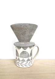 Jessica Wertz Ceramics - Grey Coffee Pour Over, featuring a handmade ceramic dripper with geometric designs, resting atop a matching mug, perfect for artisanal coffee experiences.