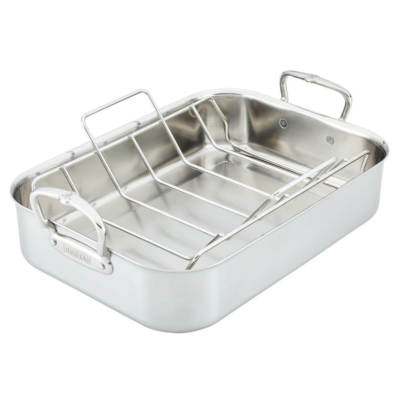 Hestan Provisions Classic Roaster with Rack, 14.5 Inch. Stainless-steel roasting pan with removable rack, ideal for versatile cooking. Perfect for Athens Cooks' curated kitchen collection.