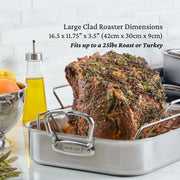 Hestan Provisions Classic Roaster with Rack, 14.5 Inches, showcasing a herb-crusted roast. Durable stainless steel, ideal for large meals, fits up to 25 lbs.