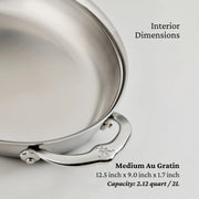 Hestan Provisions Medium Clad Oval Au Gratin, 12.5x9, stainless steel with decorative handle, 2.12 quarts, designed for even heat distribution and sophisticated kitchen-to-table presentation.