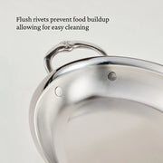 Hestan Provisions | Medium Clad Oval Au Gratin showing flush rivets for easy cleaning and a polished interior with decorative handle, ideal for versatile cooking.
