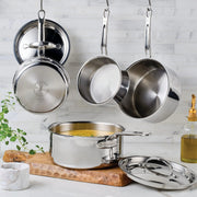 Hestan Provisions | Stainless Steel Lids Large, 12.5 shown with matching cookware, highlighting durable tri-ply construction and ergonomic handles, ideal for enhancing culinary experiences at Athens Cooks.