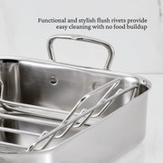 Hestan | Polished Clad Stainless Steel Roaster with Rack, Small, featuring flush rivets and tubular handles for easy cleaning and efficient handling.