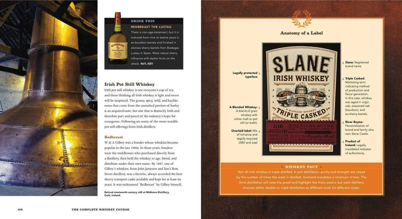 Two-page spread from The Complete Whiskey Course detailing Irish pot still whiskey and label anatomy, featuring Redbreast and SLANE Irish Whiskey insights.