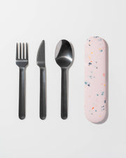 W&P - Stainless Steel Utensils Set in Silicone Carry Case: Terrazzo Charcoal, featuring a fork, knife, and spoon, ideal for travel or camping. Compact, durable, and dishwasher safe.