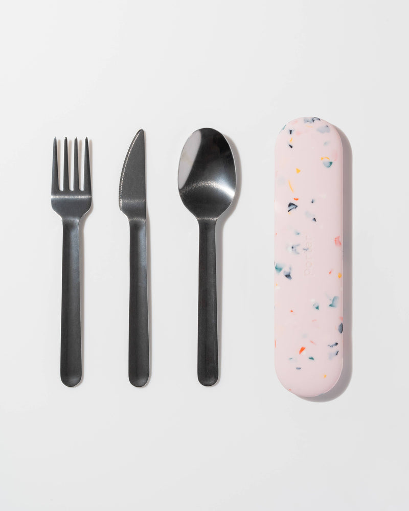 W&P - Stainless Steel Utensils Set in Silicone Carry Case: Terrazzo Charcoal, featuring a fork, knife, and spoon, ideal for travel or camping. Compact, durable, and dishwasher safe.