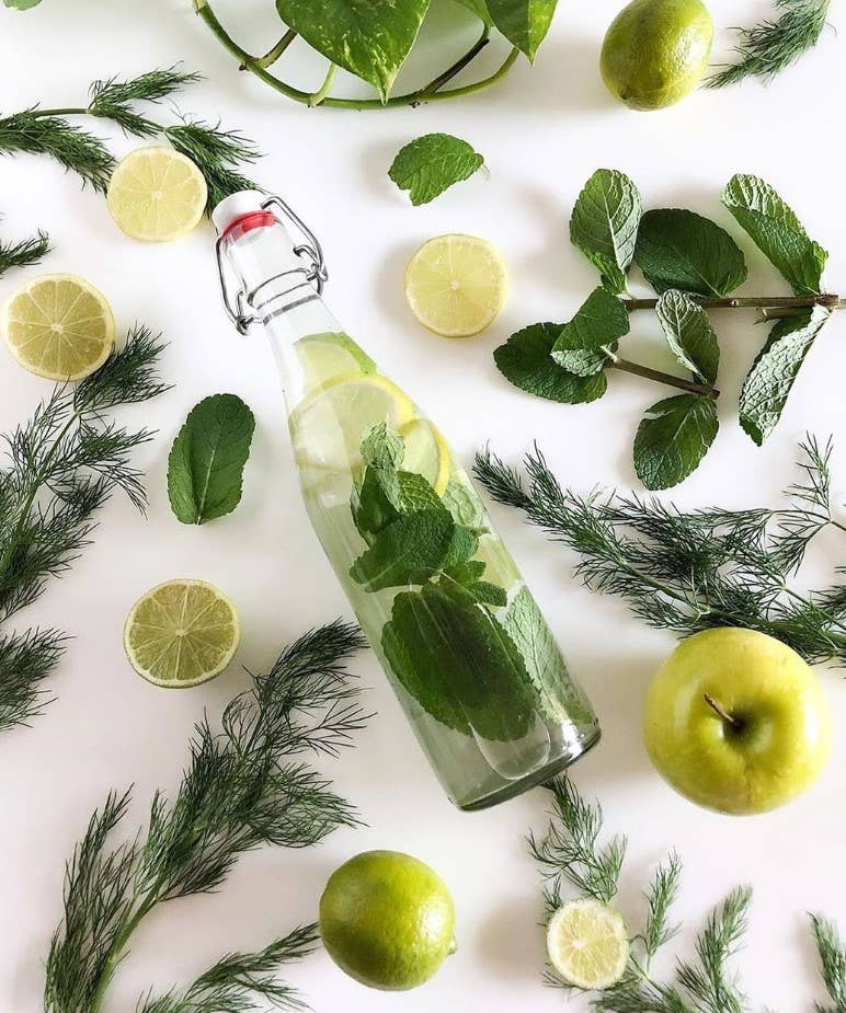 Le Parfait - 500ml French Glass Swing Top Bottle with mint, lime, and herb garnish, ideal for fermenting or storing beverages.
