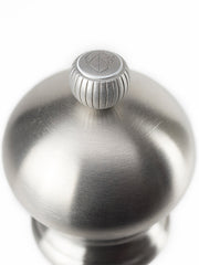 Peugeot Paris U'Select Stainless Steel Salt Mill, 9 inches, featuring a rounded dome and knurled adjustment knob with lion logo, ideal for precise seasoning.