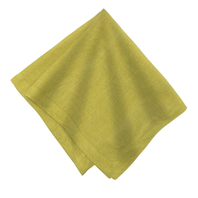 Couleur Nature - Everyday Napkins Granny Smith 21x21 - Set of 4: Olive-green linen napkin, folded, showcasing hand-dyed craftsmanship and mitered corners, ideal for enhancing dining elegance.