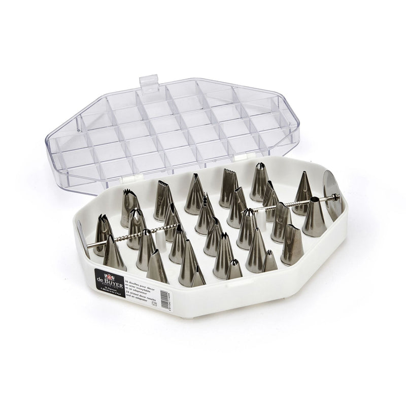 De Buyer | Decor Nozzle + Adaptor Kit featuring 26 stainless steel tips in a plastic container, ideal for pastry decorating with included pastry bag adapter and decoration supports.