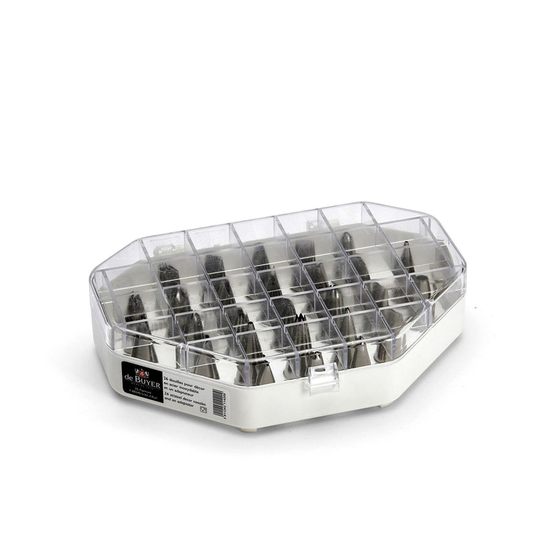 de Buyer | Decor Nozzle + Adaptor Kit in a plastic container, showcasing multiple stainless steel décor tips and accessories for pastry decorating.