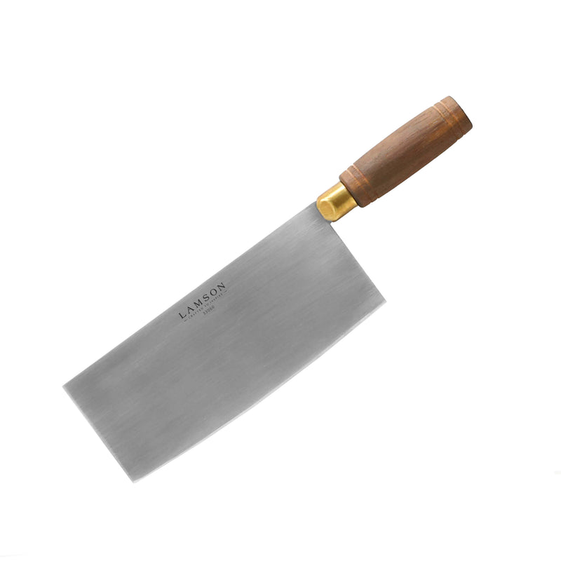 Lamson 8 Chinese Vegetable Cleaver with Walnut Handle and Leather Sheath, featuring a broad blade and wooden grip, ideal for precision kitchen tasks.