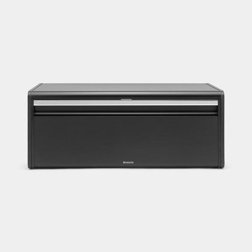Brabantia USA Inc | Fall Front Bread Box Matt Black with a sleek design, featuring a silver handle and flat top for canisters, ideal for saving kitchen space.
