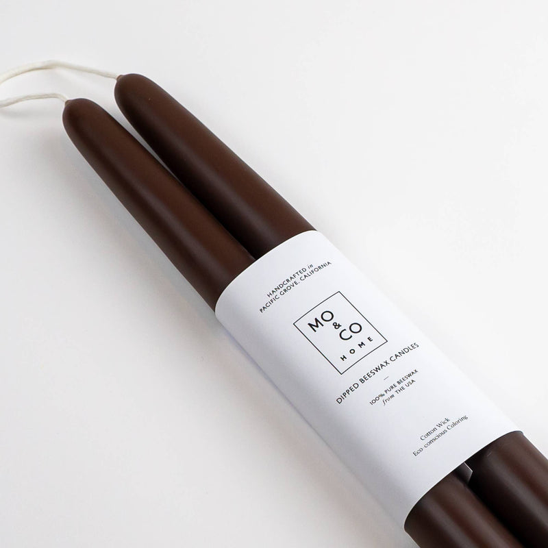 MO & CO HOME - Chestnut Dipped Beeswax Taper Candles, handcrafted in Pacific Grove, bundled pair, 14 inches, all-natural with cotton wick and eco-conscious coloring.