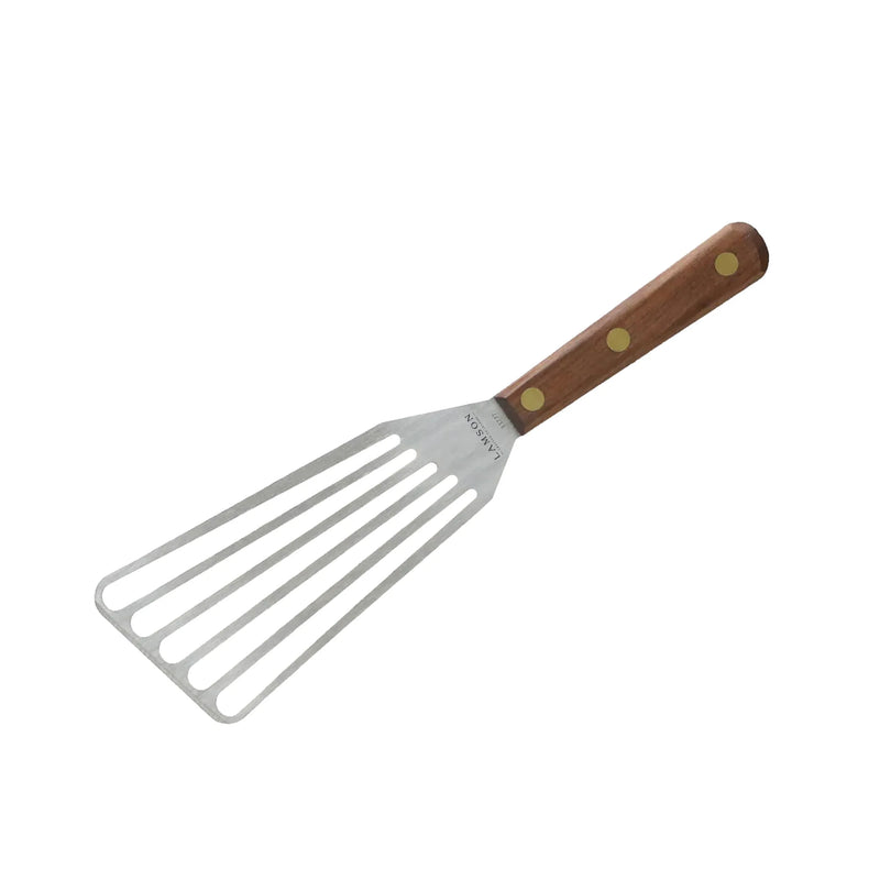 Lamson Chef's Slotted Turner with walnut handle, 4 x 9, ideal for flipping delicate foods, features long slots for easy handling in liquids, suitable for left-handed use.