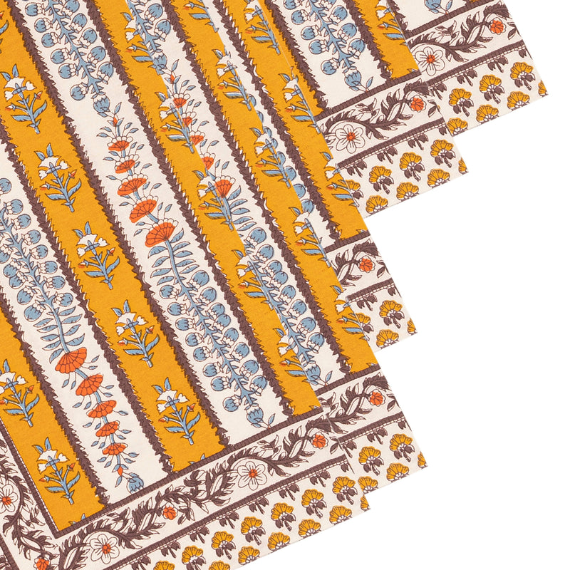 Couleur Nature - Avignon Napkins Dijon & Blue, Set of 6, showcasing hand-printed floral stripes and borders, embodying Provençal elegance, perfect for enhancing any dining setting.