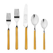 Mepra SPA - PLACE SET 5 PCS FANTASIA MUSTARD features silverware with yellow handles, including spoons, forks, and knives made of high-quality stainless steel and resin.