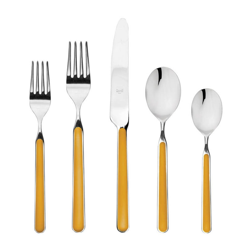 Mepra SPA - PLACE SET 5 PCS FANTASIA MUSTARD features silverware with yellow handles, including spoons, forks, and knives made of high-quality stainless steel and resin.