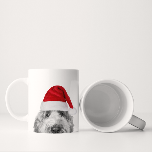 Perkie Prints - Santa Hat Doodle 4 (Golden) Mug featuring a doodle dog in a Santa hat, perfect for festive sipping, shown upright and lying on its side.