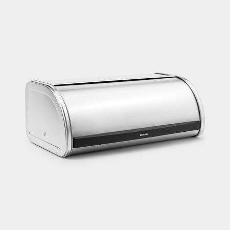 Brabantia USA Inc | Roll Top Bread Box Matte Steel, featuring a silver design with a black lid, ideal for storing up to two loaves efficiently.