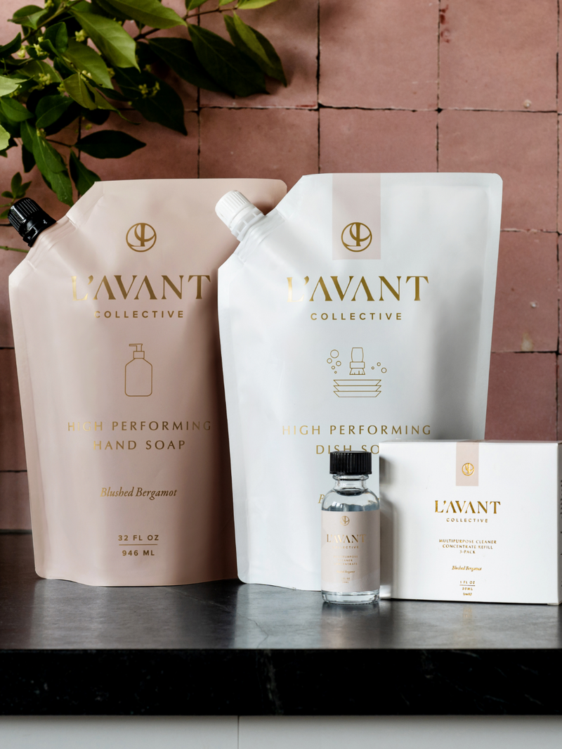 L'AVANT Collective - Multipurpose Surface Cleaner Refill in Blushed Bergamot scent, featuring a small glass bottle for eco-friendly refills.