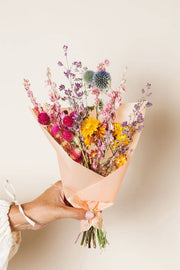 Idlewild Floral Co. - Bright Small Field Bouquet: Hand holding a dried wildflower bouquet with strawflowers, globe amaranths, and thistle-like blooms, wrapped in peach paper.