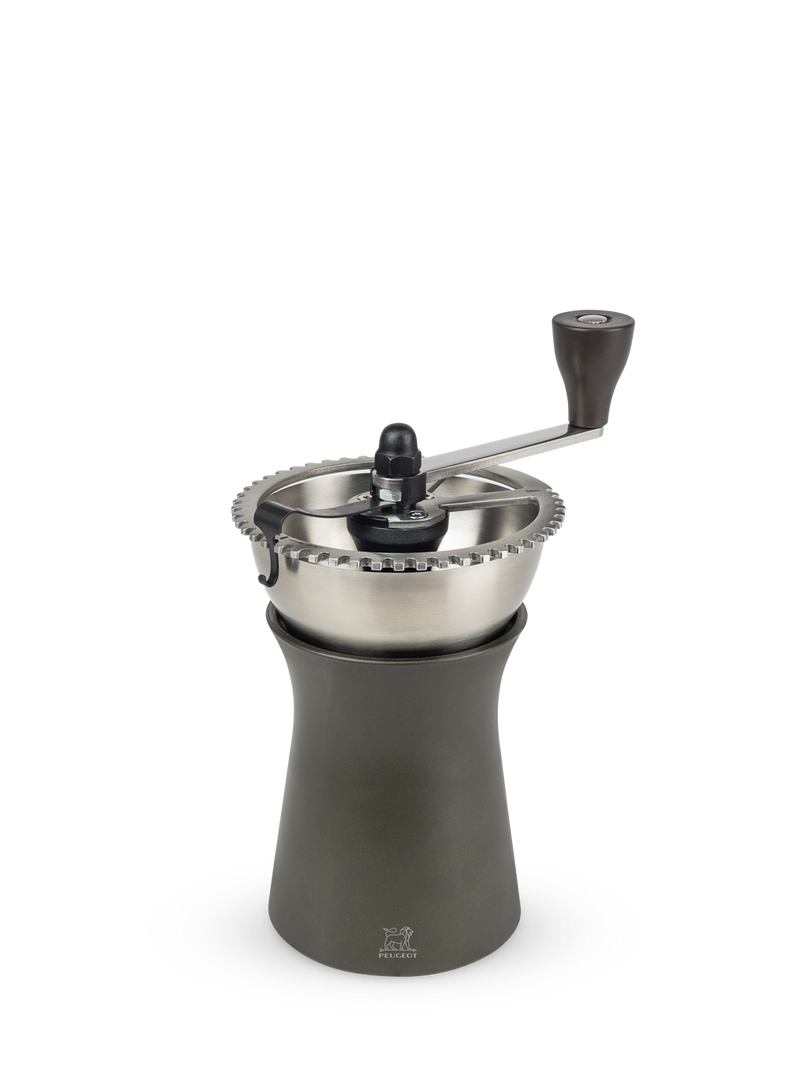 Peugeot | Kronos Coffee Mill, 7.5 inches, shown as a hand-crank burr grinder, exemplifies quality craftsmanship for optimal coffee flavor extraction.