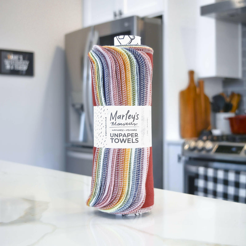 Marley's Monsters Earthy Rainbow UNpaper® Towels, 24-pack. Eco-friendly, reusable towels for sustainable kitchen use, embodying colorful, durable design.