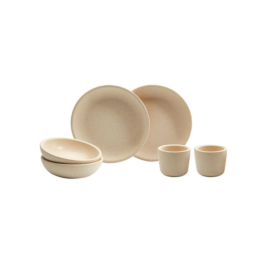 PlanToys | Kids Pretend Playtime Tableware Toy Set featuring ceramic-like plates, cups, bowls, and utensils, ideal for imaginative children's play.