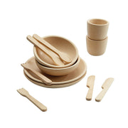 PlanToys | Kids Pretend Playtime Tableware Toy Set featuring wooden bowls, spoons, forks, and utensils for imaginative play.