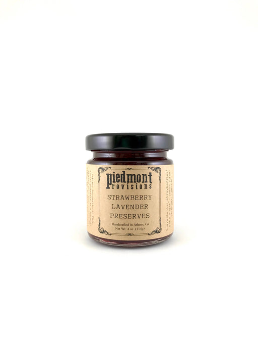 Piedmont Provisions - Strawberry Lavender Preserves jar, showcasing artisanal quality with sweet strawberries and lavender, perfect for enhancing breakfast or dessert dishes. Made in Athens, GA.