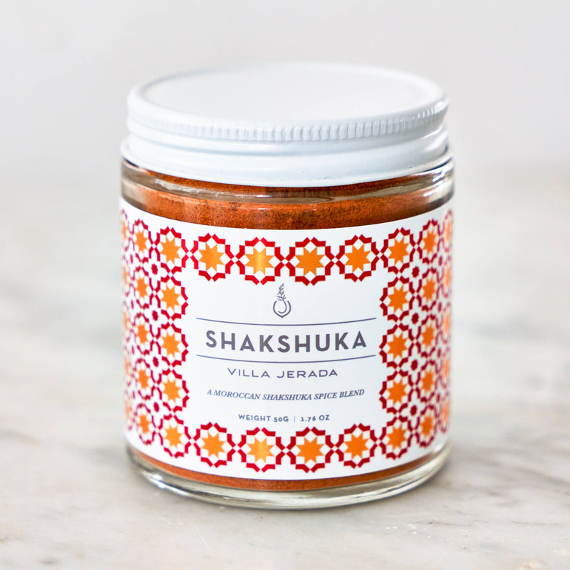 Villa Jerada - Shakshuka Blend - 50g glass jar with red-and-orange geometric label, perfect for enhancing meals with North African spice.