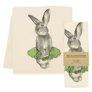 Eric & Christopher - Bunny Tutu Tea Towel - Green, featuring a rabbit illustration in a tutu, screen printed on 26 x 26 flour sack cotton.