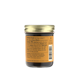 Back of Fond Bone Broth - FOND Chicken Demi-Glace jar, showing nutrition facts and ingredients. A low-calorie condiment made with regenerative chicken, vegetables, and herbs.