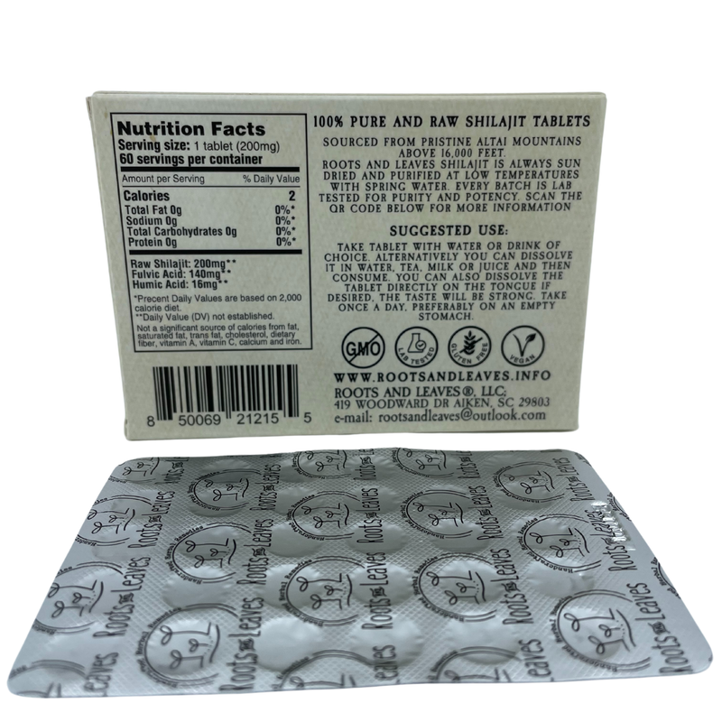 Roots and Leaves - Pure Shilajit Tablets 60ct. package with foil blister pack, highlighting lab-tested, vegan, and gluten-free features, sourced from Altai Mountains.