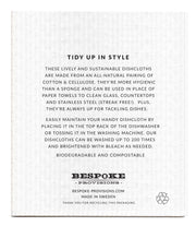 Bespoke Provisions - Tropical Leaves Swedish Dishcloth with black text instructions, showcasing eco-friendly cleaning features and two packaging options, including a recyclable decal or protective sleeve.