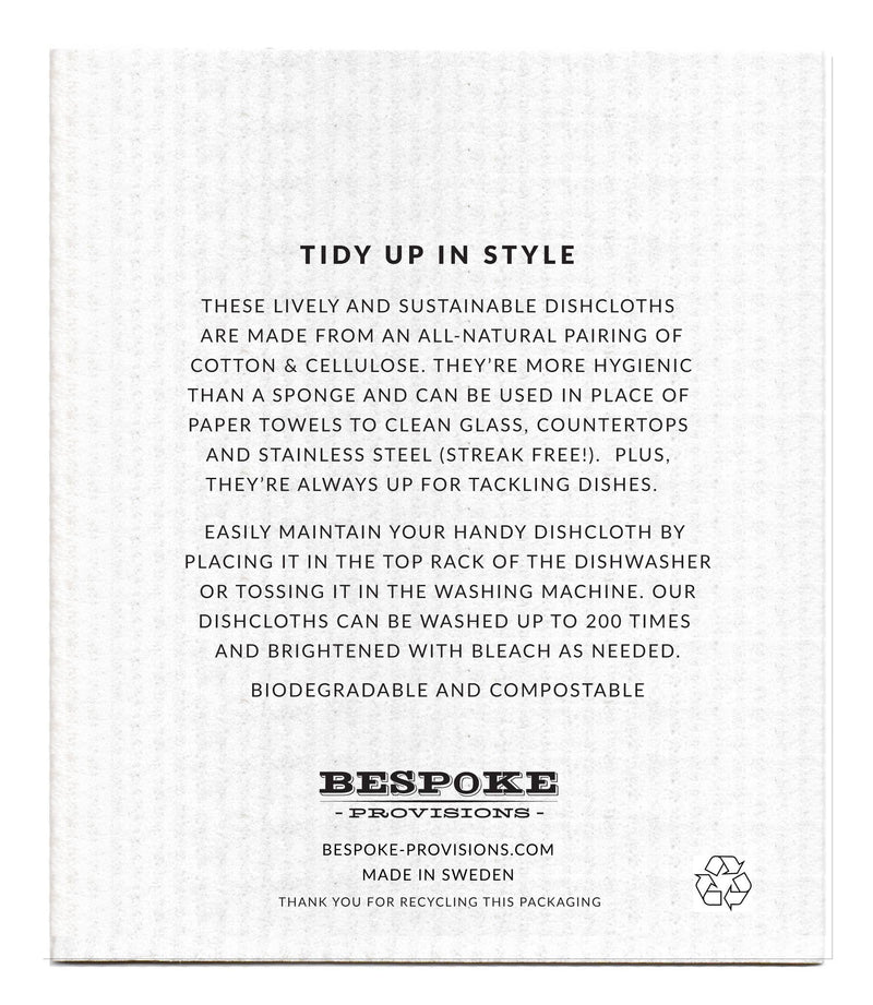 Bespoke Provisions - Tropical Leaves Swedish Dishcloth with black text instructions, showcasing eco-friendly cleaning features and two packaging options, including a recyclable decal or protective sleeve.