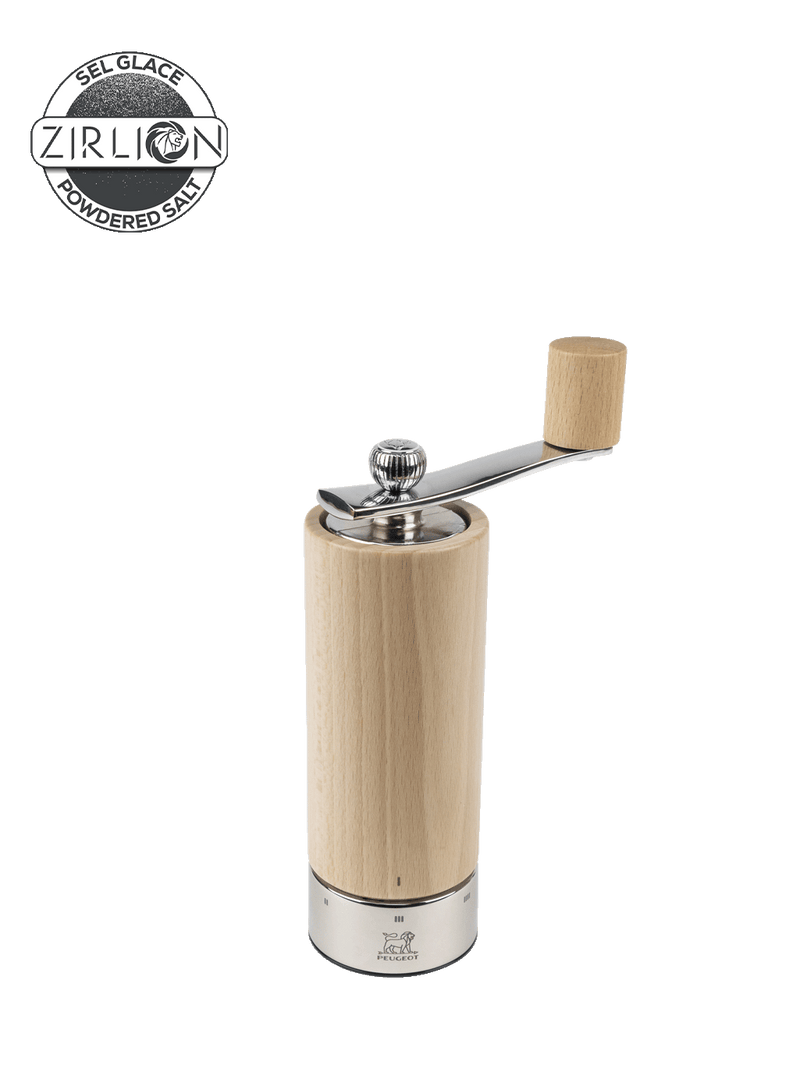 Peugeot | Isen Salt Mill, Natural: Cylindrical beech-wood body, metal base with adjustable grind size, featuring a hand-crank and Peugeot lion emblem, perfect for precise salt grinding.
