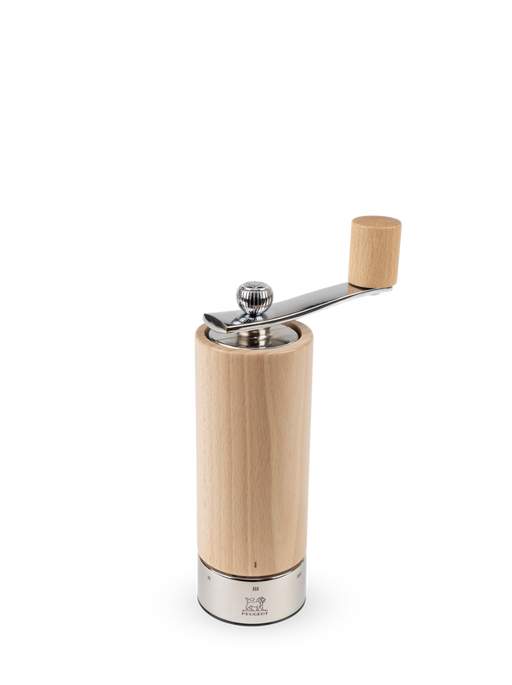 Peugeot | Isen Salt Mill, Natural: A beech-wood body with stainless-steel accents and wooden handle, featuring adjustable grinding settings and a lifetime-guaranteed Zirconia mechanism.
