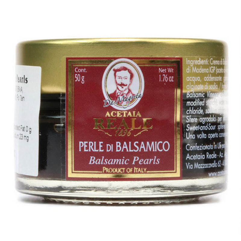 Reale | Balsamic Pearls - Classic, a close-up of a jar showcasing gourmet balsamic pearls, ideal for enhancing culinary creations.