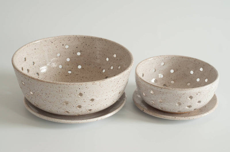 RachaelPots - Small Berry Bowl With Dish: White ceramic bowl with drainage holes and matching saucer, ideal for rinsing berries or display, handcrafted in Brooklyn.