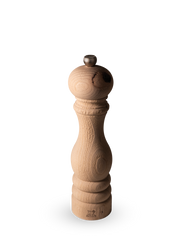 Peugeot | Paris Nature Collection Salt Mill, Nature: Upcycled beech wood pepper mill with hourglass profile, stainless-steel mechanism, and adjustable grind knob featuring the Peugeot lion logo.