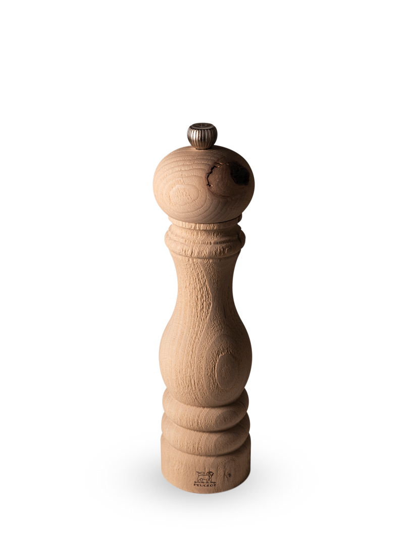 Peugeot | Paris Nature Collection Salt Mill, Nature: Upcycled beech wood pepper mill with hourglass profile, stainless-steel mechanism, and adjustable grind knob featuring the Peugeot lion logo.