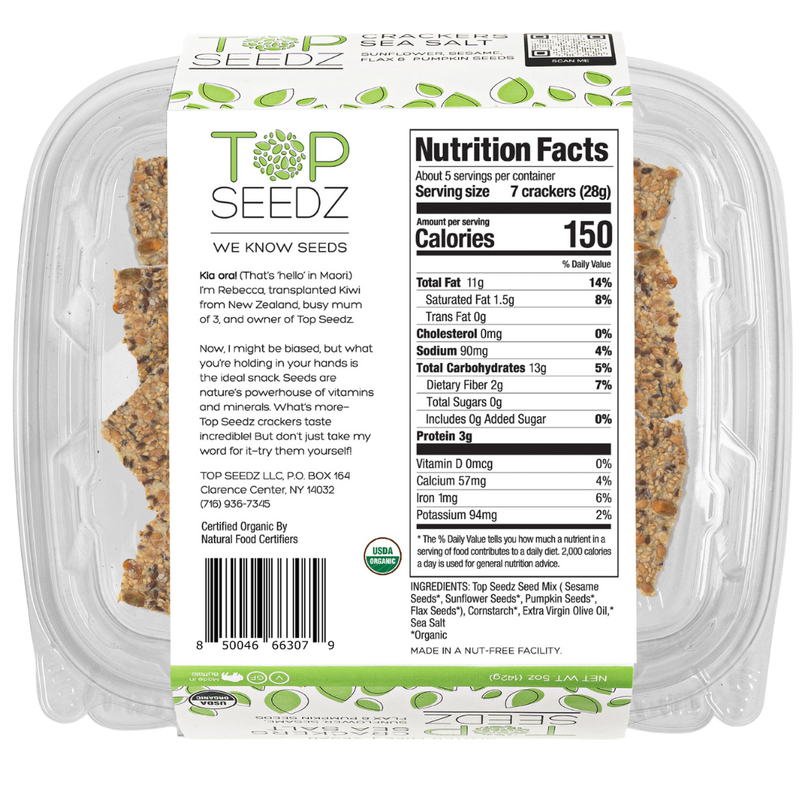 Top Seedz - Sea Salt Crackers | 5oz box displayed, highlighting crisp seed blend crackers ideal for pairing with cheese or smoked salmon.