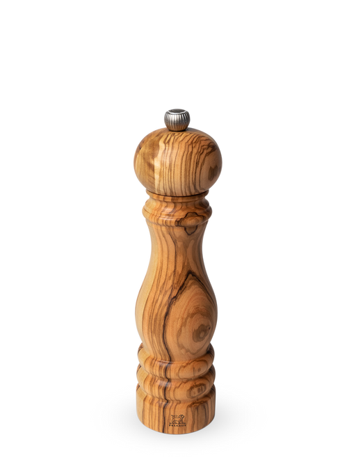 Peugeot | Paris Classic Olive Salt Mill, Olive Wood, 9 inches, features a turned wood design with adjustable metal knob, ideal for grinding dry salt efficiently.