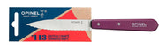 Opinel | Essential Birdsbeak Vegetable Knife in packaging, featuring a curved 3-inch stainless steel blade and purple handle, ideal for precise fruit and vegetable preparation.