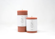 Mo&Co Home - 100% Beeswax Pillar Candles | Terra Cotta: 3x6 Inch, featuring labeled, hand-poured candles made from pure beeswax, ideal for enhancing home ambiance.